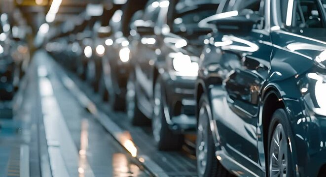 Busy factory assembly line producing modern cars using mass production techniques. Concept Factory Automation, Mass Production, Modern Technology, Automotive Industry, Assembly Line