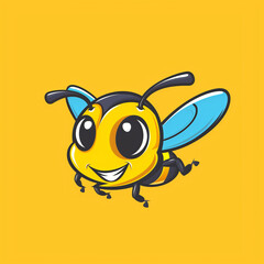 Cheerful cartoon bee buzzing on a sunny yellow background, whimsical and lively character illustration, perfect for children's books, educational materials, or summer-themed designs