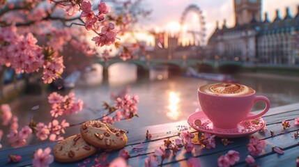 Pink Cup of Coffee with Cookies and Sakura Blossoms - obrazy, fototapety, plakaty
