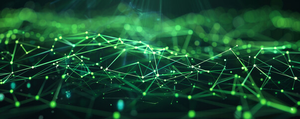 Glowing green digital web on a dark background, illustrating the internet of things with futuristic technology.