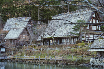 Old village and old beautiful house with snowing time so wonderful landscape in Takayama Japan