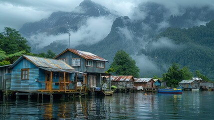 Naklejka premium A row of houses on the water with mountains in background, AI