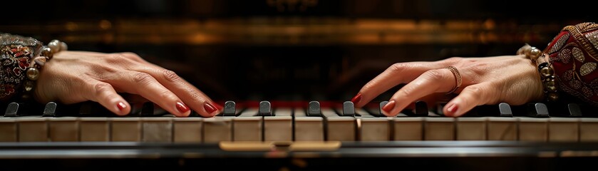 Close-up image of a pianist's hands playing the piano.