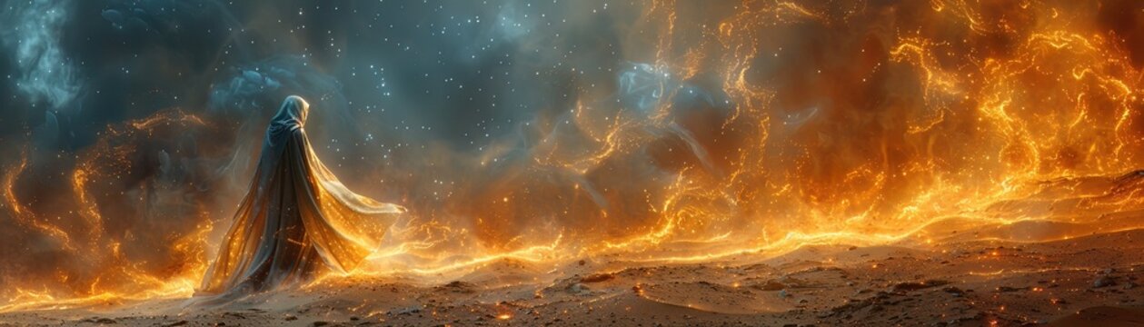 A djinn with hologram projections and wish granting databases swirling in the digital sands of an ancient cyber desert