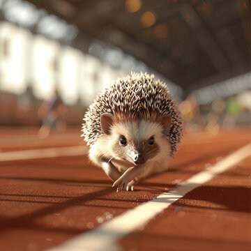 A drowsy hedgehog in a sprint race, humorously outpacing athletic runners, set in a professional track and field stadium