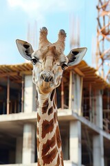 A giraffe looking over a construction site, representing foresight and overview in project development