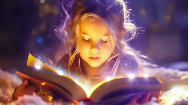 Young girl reading an open book, surrounded by glowing light particles and magical sparkles, creating an enchanting atmosphere. High quality 4k footage