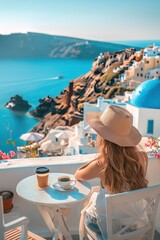 A joyous tourist sipping coffee in a quaint cafe with the picturesque Santorini caldera in the view