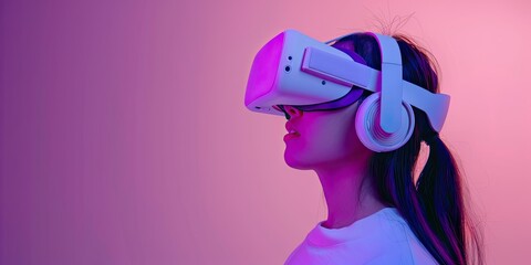 A profile photo of an Asian woman wearing white headphones and a VR headset, with purple lighting, against a solid color background