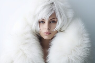 Beautiful blond young woman in white fur. winter fashion. Beauty sexy Model Girl with nude make-up