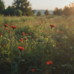a many red flowers in a field of green grass