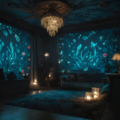 a room with a couch and a chandelier in it