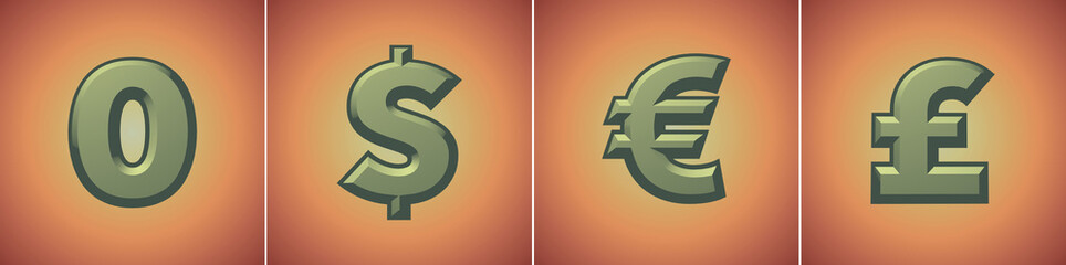 set of 3d numbers in a retro style, 3d rendering, zero, dollar, euro, pound