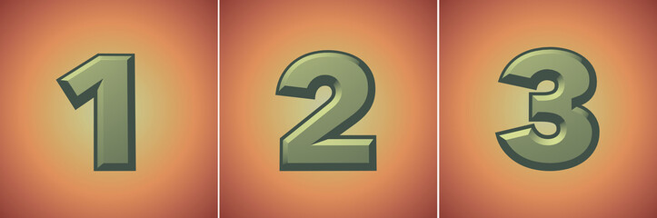 set on 3d numbers in a retro style, 3d rendering, one, two, three
