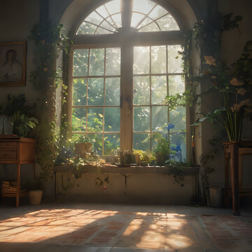 Fototapeta sunlight shining through a window onto a room with plants