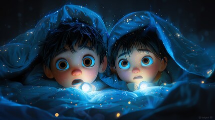 Two boys in a blanket fort at night, looking at something magical in wonder