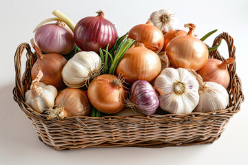 A selection of fresh, organic onions and garlic, arranged in a rustic wicker basket, isolated against a white canvas.