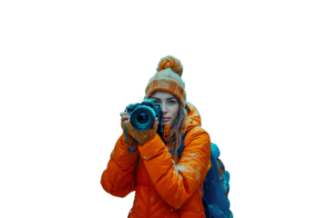 A woman in an orange jacket is taking a picture with a camera