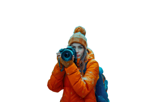 A woman in an orange jacket is taking a picture with a camera