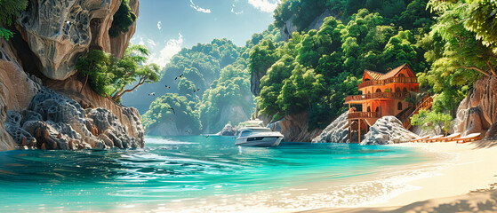 Clear Waters and Rocky Shores, Longtail Boat on the Idyllic Coast of Thailand, Perfect for Seaside Adventures