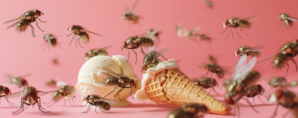 A swarm of flies buzzing around a discarded ice cream cone