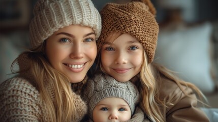 Obraz premium A woman and two children in hats smiling at the camera, AI