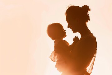 Silhouette of mother and baby at sunset