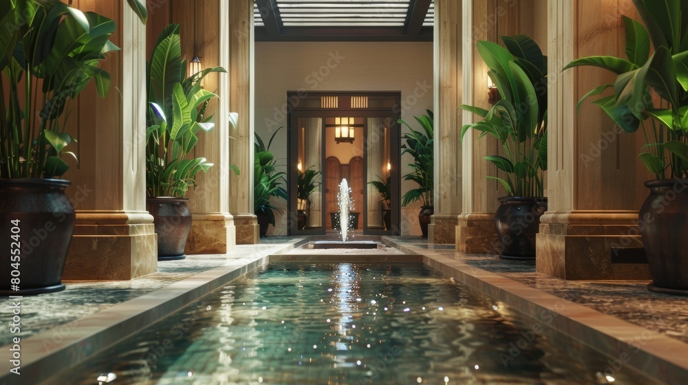 Poster a grand entrance to the spa with tall columns and a sparkling water fountain creating a peaceful amb