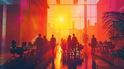 Vibrant office scene with a team engaged in problemsolving, dynamic and cooperative