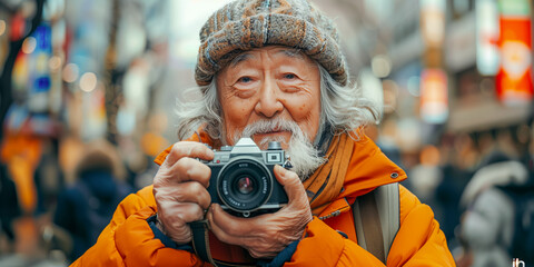 An older man wearing a red jacket and a hat is holding a camera