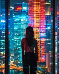 Vibrant female executive viewing the city skyline, symbolizing leadership and vision