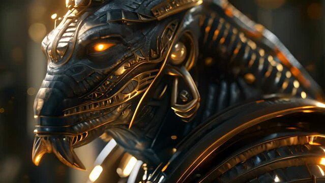 Photorealistic side portrait of a figure styled as Unholy Horus, adorned in Stargate-style armor with golden intricate detailing, glowing eyes, large fangs, and wearing a golden nemes