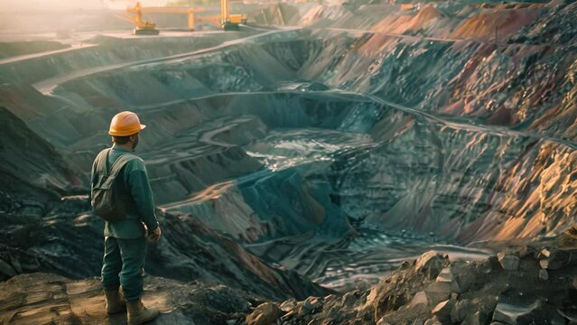 A man is standing on a hill overlooking a large pit. The pit is filled with rocks and dirt, and the man is wearing a hard hat. Concept of danger and risk