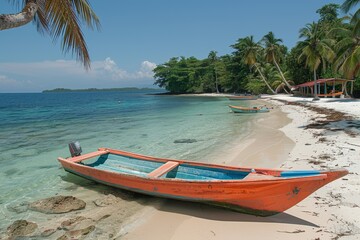 Fototapeta premium Boat Docked on Sandy Beach Near Ocean