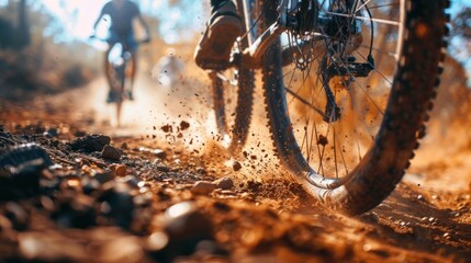 Bottom view of mountain bike riders kicking up dust and rocks in a race, AI generated image.