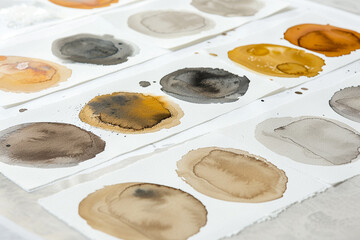 A series of oxidizing agents for creating textured effects in watercolor paintings, displayed on a white canvas.