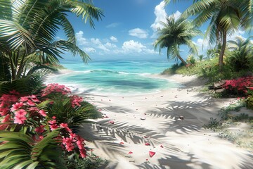 Tropical Beach With Palm Trees and Flowers