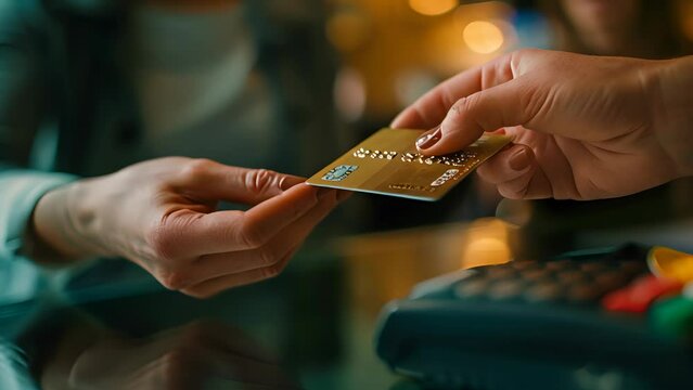 A woman is handing a gold colored credit card to a cashier