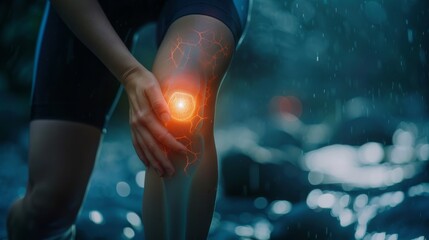 woman suffering from pain in knee pain due to bone disease, knee joint degeneration osteoarthritis, tendonitis or tear, exercise injury or injuries from accidents, show holograms, x-rays health care
