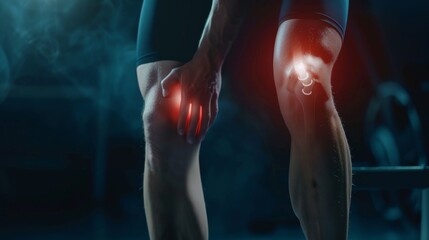 man suffering from pain in knee pain due to bone disease, knee joint degeneration osteoarthritis, tendonitis or tear, exercise injury or injuries from accidents, show holograms, x-rays health care