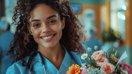 Portrait of young Latina nurse with curly hair, smiling brightly while holding a bouquet of flowers for a patient. - Powered by Adobe