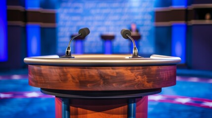 A podium with microphones set up for a presidential debate between candidates