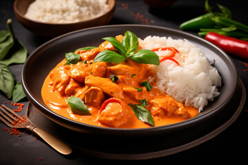 Thai red curry chicken with stream rice panang on a green plate against a grey background Focus is selective