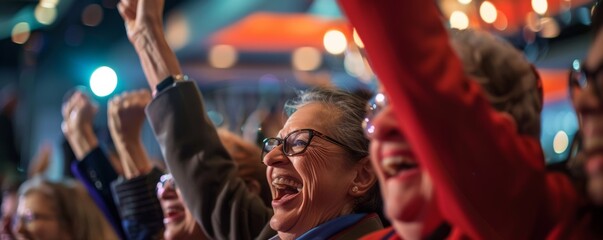 candidates family members and supporters cheering at a victory celebration on election night