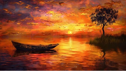a serene lakeside scene during sunset. A wooden boat is gently floating on the calm waters, reflecting the fiery hues of the setting sun