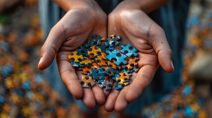 In this top view, the hands of an autistic child and his father are arranged in a color puzzle symbol to represent autism awareness. Autism Awareness Month or Day.