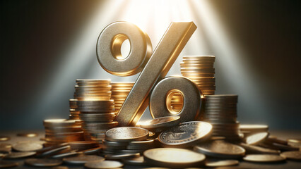 Giant percentage symbol surrounded by stacked coins, financial investment and savings representation, finance concept