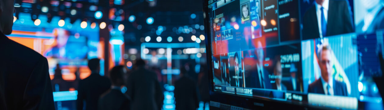television screen displaying election coverage with news anchors discussing the latest polling results and election updates