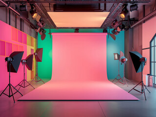 big photostudio, realistic, without people, colorful walls, oriental gadgets, lot of colorful lights, grey bottom, pink ceiling