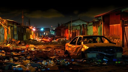 Desolate urban scene at night with dilapidated buildings litter and abandoned car. Concept Urban Decay, Desolation, Abandoned Cityscape, Night Photography, Automotive Relics